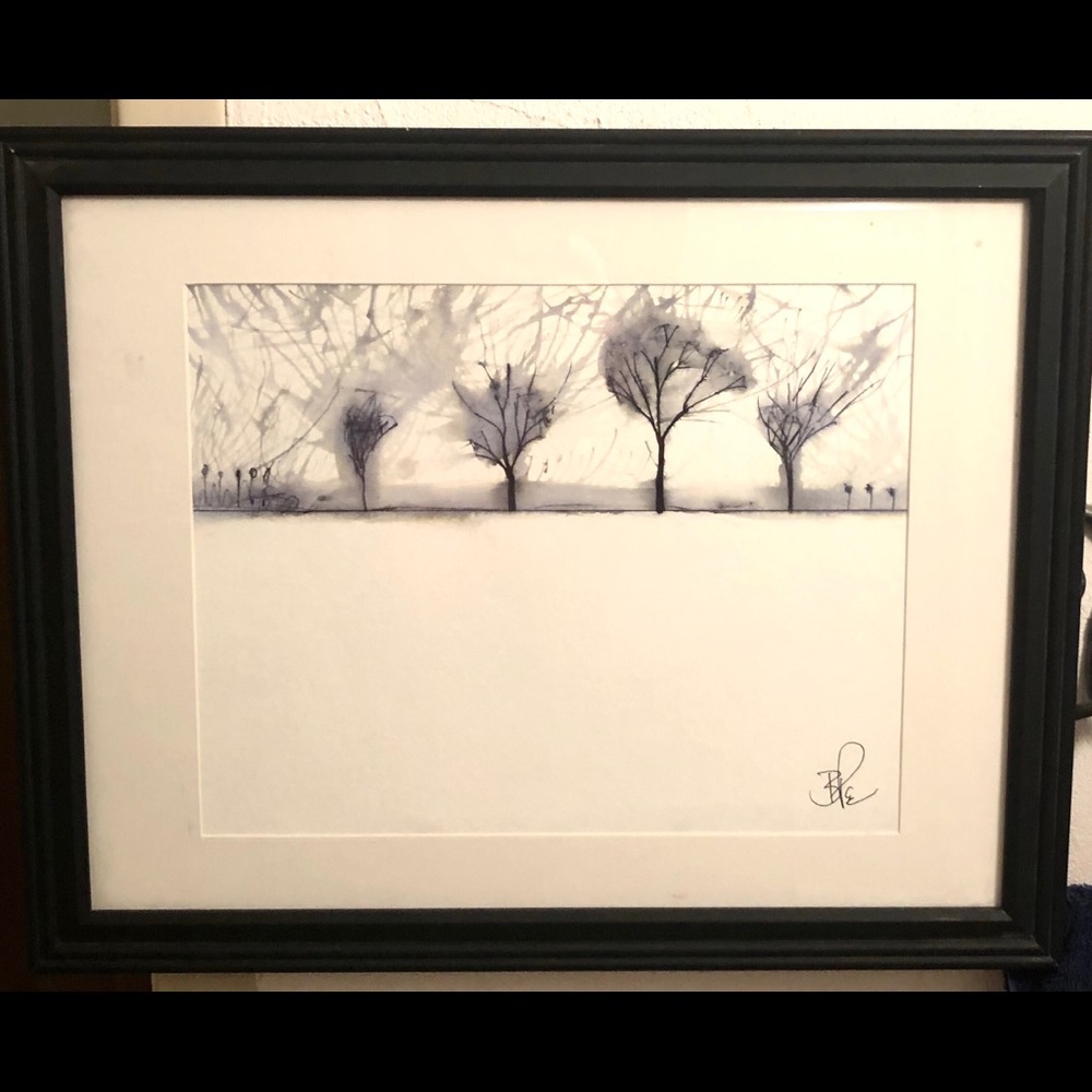 Original art mixed media trees nature black white
